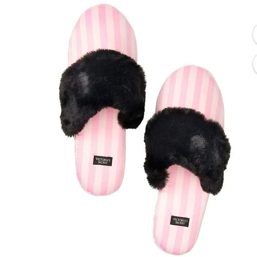 VICTORIA'S SECRET SIGNATURE SATIN SLIPPERS PINK STRIPE WITH FAUX FUR SLIPPER